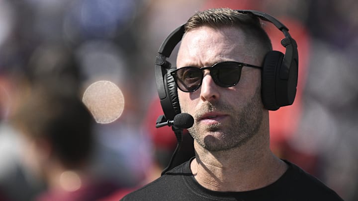 Oct 13, 2024; Baltimore, Maryland, USA;  Washington Commanders offensive coordinator Kliff Kingsbury on the sidelines during the first half against the Baltimore Ravens at M&T Bank Stadium. Mandatory Credit: Tommy Gilligan-Imagn Images