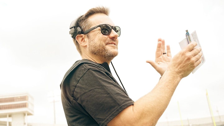 Coach Ryan Silverfield claps during a Memphis Tigers football spring game between the blue and gray team on Saturday, April 26, 2025 at Simmons Liberty Bank Stadium in Memphis, Tenn.