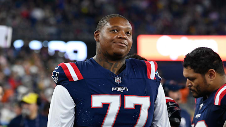 Aug 10, 2023; Foxborough, Massachusetts, USA; New England Patriots offensive tackle Trent Brown (77)