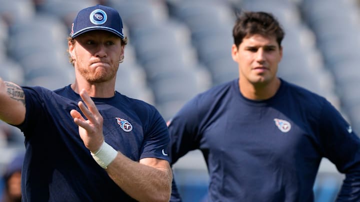 Tennessee Titans quarterback Will Levis (8) throws alongside Mason Rudolph (11) during warmups before the Chicago Bears game at Soldier Field in Chicago, Ill., Sunday, Sept. 8, 2024. Tennessee Titans quarterback Will Levis (8) throws alongside Mason Rudolph (11) during warmups before the Chicago Bears game at Soldier Field in Chicago, Ill., Sunday, Sept. 8, 2024.
