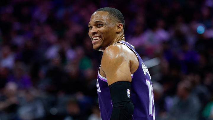 Mar 17, 2026; Sacramento, California, USA; Sacramento Kings guard Russell Westbrook (18) reacts after becoming the fifth leading assist leader during the second quarter against the San Antonio Spurs at Golden 1 Center. Mandatory Credit: Sergio Estrada-Imagn Images