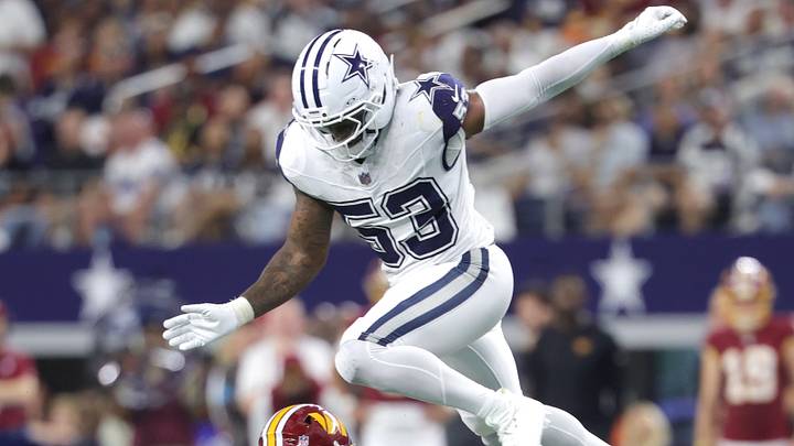 Dallas Cowboys LB Dee Winters leaps over safety Jalen Thompson and Washington Commanders wide receiver Stefon Diggs. Dallas Cowboys LB Dee Winters leaps over safety Jalen Thompson and Washington Commanders wide receiver Stefon Diggs.