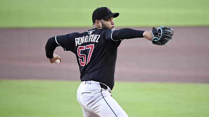 Jul 10, 2025; San Diego, California, USA; Arizona Diamondbacks starting pitcher Eduardo Rodriguez (57) delivers during the first inning against the San Diego Padres at Petco Park. Mandatory Credit: Denis Poroy-Imagn Images a Jul 10, 2025; San Diego, California, USA; Arizona Diamondbacks starting pitcher Eduardo Rodriguez (57) delivers during the first inning against the San Diego Padres at Petco Park. Mandatory Credit: Denis Poroy-Imagn Images a