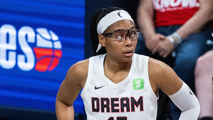 Sep 16, 2025; Indianapolis, Indiana, USA;  Atlanta Dream guard Allisha Gray (15) during game two of round one against the Indiana Fever for the 2025 WNBA Playoffs at Gainbridge Fieldhouse. Mandatory Credit: Trevor Ruszkowski-Imagn Images