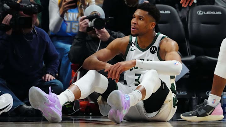 Mar 25, 2023; Denver, Colorado, USA; Milwaukee Bucks forward Giannis Antetokounmpo (34) reacts following a foul called in the fourth quarter against the Denver Nuggets at Ball Arena. Mandatory Credit: Ron Chenoy-Imagn Images
