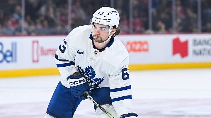 Sep 25, 2025; Montreal, Quebec, CAN; Toronto Maple Leafs forward Matias Maccelli (63) plays the puck against the Montreal Canadiens during the second period at Bell Centre. Mandatory Credit: David Kirouac-Imagn Images