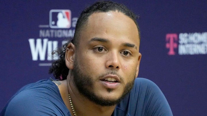 Milwaukee Brewers Freddy Peralta talks to the media