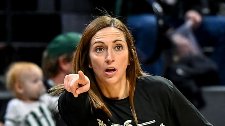 Michigan State's head coach Robyn Fralick communicates with players during the third quarter against Maryland on Wednesday, Feb. 4, 2026, at the Breslin Center in East Lansing. Michigan State's head coach Robyn Fralick communicates with players during the third quarter against Maryland on Wednesday, Feb. 4, 2026, at the Breslin Center in East Lansing.
