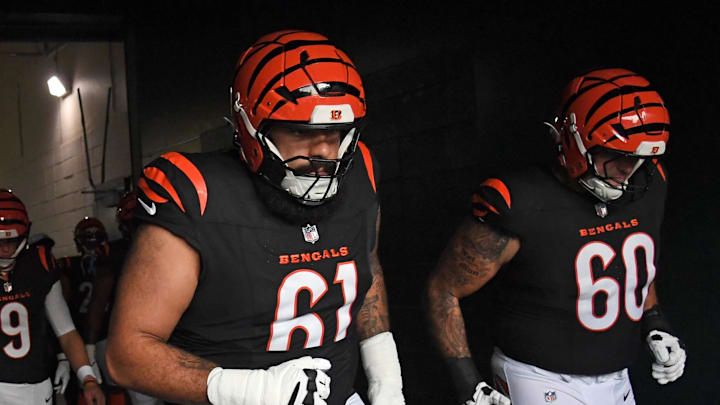 Aug 7, 2025; Philadelphia, Pennsylvania, USA; Cincinnati Bengals guard Cody Ford (61) and guard Jaxson Kirkland (60) in the tunnel against the Philadelphia Eagles at Lincoln Financial Field. Mandatory Credit: Eric Hartline-Imagn Images