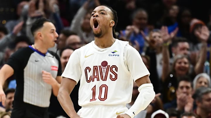 Jan 8, 2025; Cleveland, Ohio, USA; Cleveland Cavaliers guard Darius Garland (10) celebrates after hitting a three point basket during the first half against the Oklahoma City Thunder at Rocket Mortgage FieldHouse. Mandatory Credit: Ken Blaze-Imagn Images