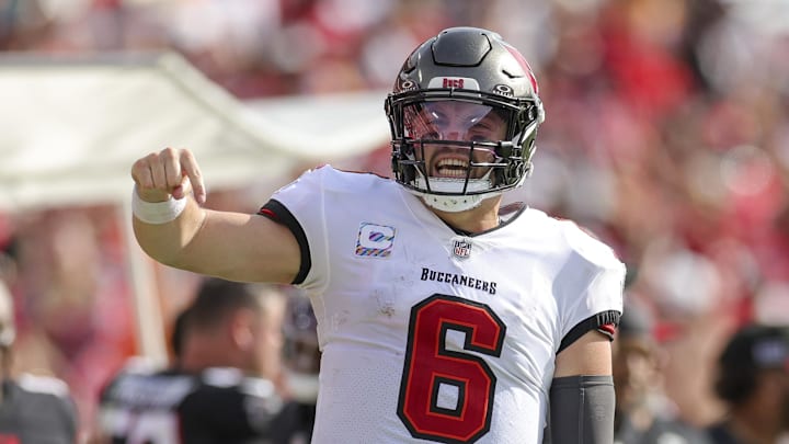 Tampa Bay Buccaneers quarterback Baker Mayfield (6) reacts after a run against the Atlanta Falcons.