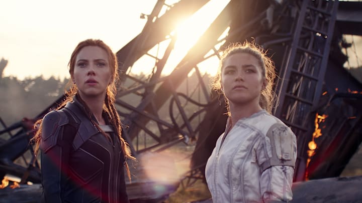 (L-R): Black Widow/Natasha Romanoff (Scarlett Johansson) and Yelena (Florence Pugh) in Marvel Studios' BLACK WIDOW, in theaters and on Disney+ with Premier Access. Photo courtesy of Marvel Studios. ©Marvel Studios 2021. All Rights Reserved.