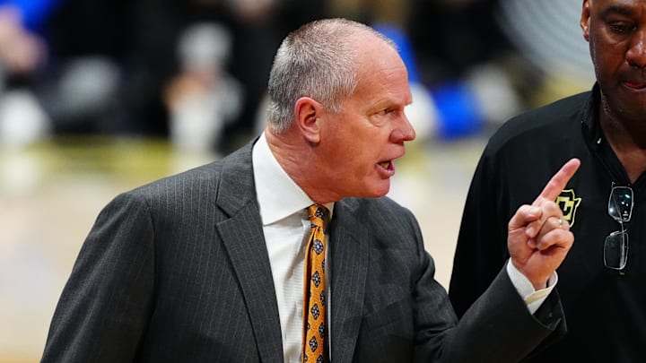 Jan 20, 2026; Boulder, Colorado, USA; Colorado Buffaloes head coach Tad Boyle reacts in the second half against the Kansas Jayhawks at the CU Events Center. 