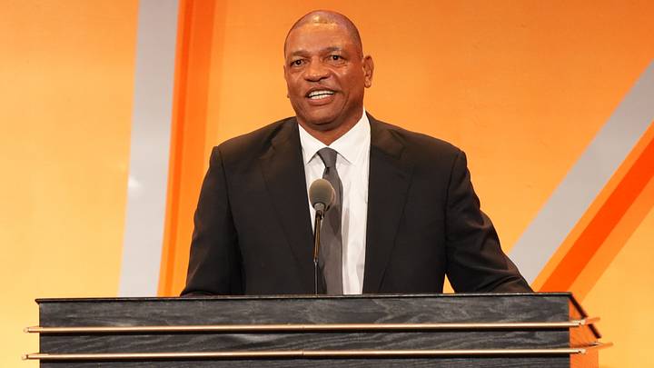 Aug 15, 2026; Springfield, Mass, USA; Class of 2026 inductee Doc Rivers speaks during the Naismith Memorial Basketball Hall of Fame Enshrinement at Symphony Hall Springfield. Mandatory Credit: David Butler II-Imagn Images