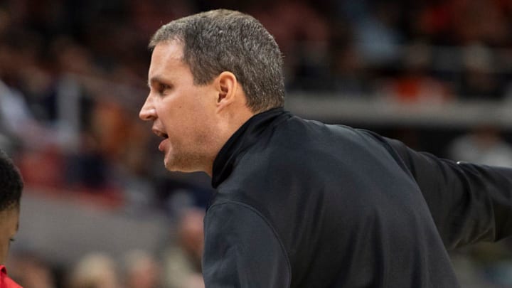 NC State Wolfpack head coach Will Wade talks with his bench as the Auburn Tigers take on the NC State Wolfpack at Neville Arena in Auburn, Ala. on Wednesday, Dec. 3, 2025.