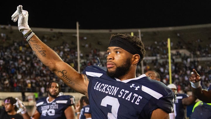 Jackson State Tigers' defensive back Robert McDaniel (3) stands for the alma mater after beating the Southern Jaguars in Jackson, Miss., on Saturday, Sept. 14, 2024.