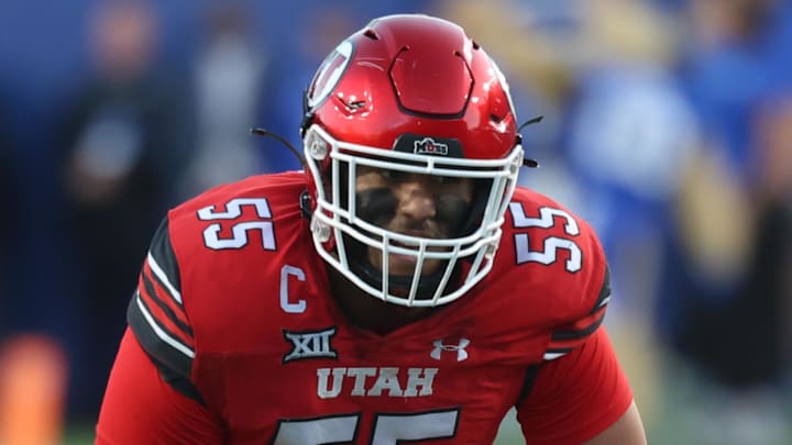 Oct 18, 2025; Provo, Utah, USA; Utah Utes offensive lineman Spencer Fano (55) waits for the play against the BYU Cougars during the first half at LaVell Edwards Stadium. Mandatory Credit: Rob Gray-Imagn Images