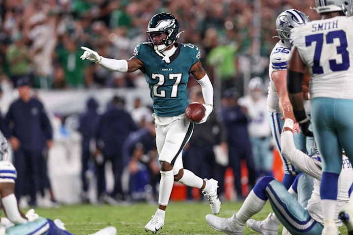 Philadelphia Eagles cornerback Quinyon Mitchell reacts after a fumble recovery against the Dallas Cowboys.