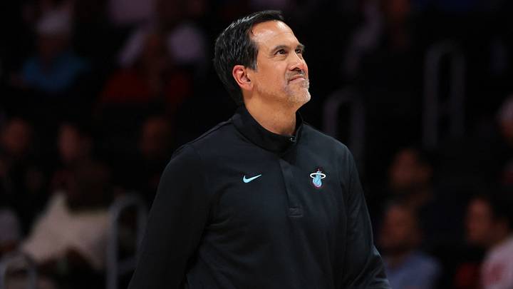 Miami Heat head coach Erik Spoelstra looks on (Mandatory Credit: Sam Navarro-Imagn Images)