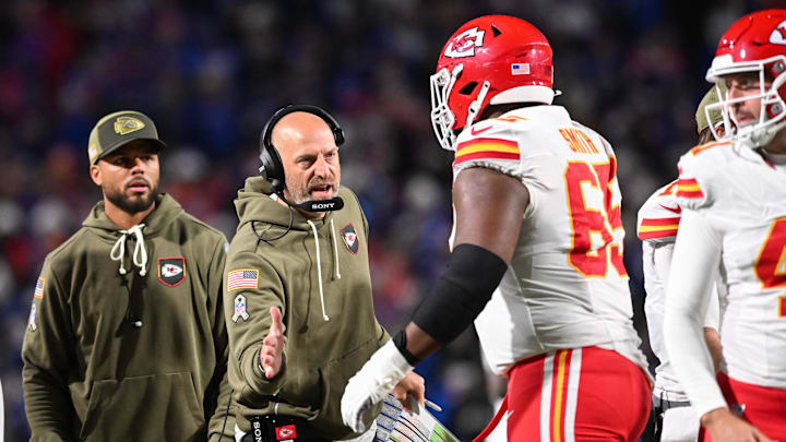 Nov 2, 2025; Orchard Park, New York, USA; Kansas City Chiefs offensive coordinator Matt Nagy greets guard Trey Smith (65) in the second half against the Buffalo Bills at Highmark Stadium. Mandatory Credit: Mark Konezny-Imagn Images