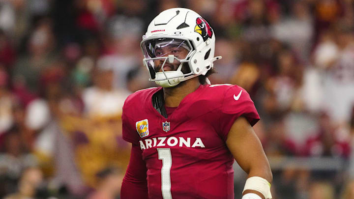 Cardinals quarterback Kyler Murray (1) reacts after a three and out against the Commanders during a game at State Farm Stadium in Glendale on Sept. 29, 2024.
