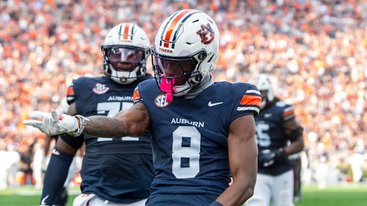 Auburn Tigers wide receiver Cam Coleman celebrates his touchdown as Auburn Tigers take on Mercer Bears at Jordan-Hare Stadium in Auburn, Ala.