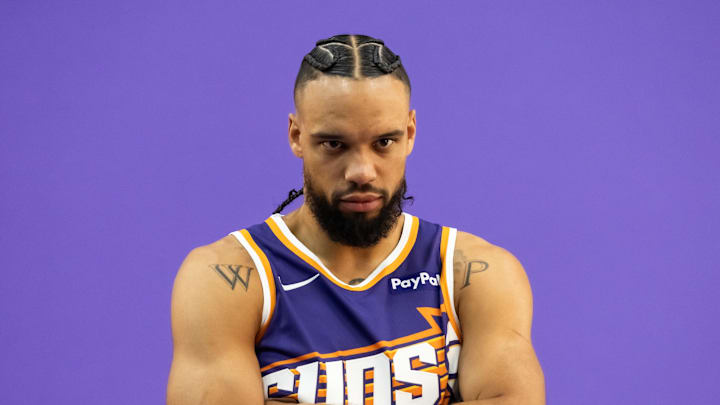 Sep 24, 2025; Phoenix, AZ, USA; Phoenix Suns forward Dillon Brooks (3) poses for portrait during Media Day at PHX Arena. Mandatory Credit: Mark J. Rebilas-Imagn Images