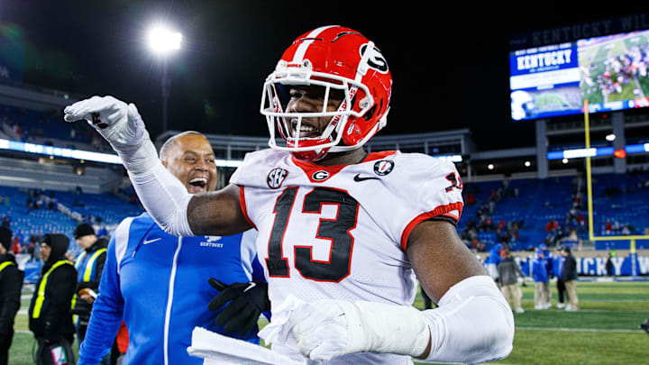 Nov 19, 2022; Lexington, Kentucky, USA; Georgia Bulldogs defensive lineman Mykel Williams (13) celebrates after the game against the Kentucky Wildcats at Kroger Field. Mandatory Credit: Jordan Prather-Imagn Images Nov 19, 2022; Lexington, Kentucky, USA; Georgia Bulldogs defensive lineman Mykel Williams (13) celebrates after the game against the Kentucky Wildcats at Kroger Field. Mandatory Credit: Jordan Prather-Imagn Images