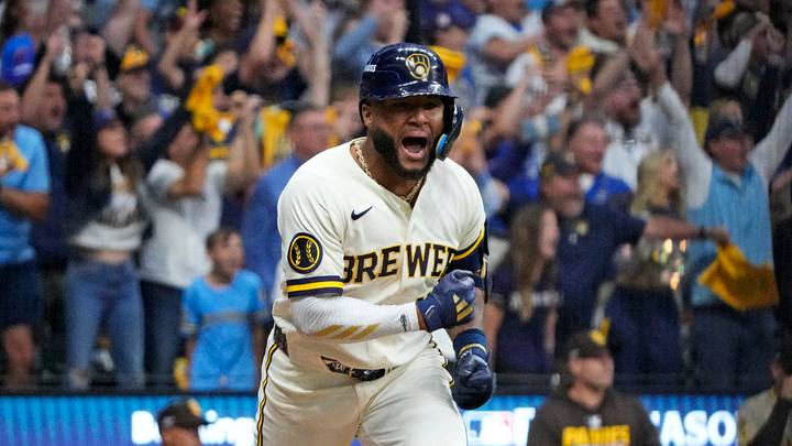 Oct 4, 2026; Milwaukee, Wisconsin, USA; Milwaukee Brewers outfielder Jackson Chourio (11) celebrates as he runs to first base after hitting the game-winning play against the San Diego Padres in game two of the NLDS for the 2026 MLB Playoffs at American Family Field. Mandatory Credit: Michael McLoone-Imagn Images Oct 4, 2026; Milwaukee, Wisconsin, USA; Milwaukee Brewers outfielder Jackson Chourio (11) celebrates as he runs to first base after hitting the game-winning play against the San Diego Padres in game two of the NLDS for the 2026 MLB Playoffs at American Family Field. Mandatory Credit: Michael McLoone-Imagn Images
