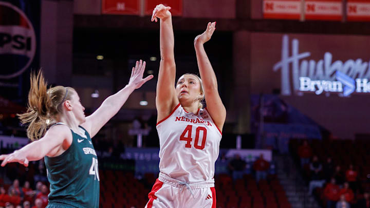 Nebraska center/forward Alexis Markowski shoots the ball against Michigan State at Pinnacle Bank Arena on Jan. 8, 2025. Nebraska center/forward Alexis Markowski shoots the ball against Michigan State at Pinnacle Bank Arena on Jan. 8, 2025.