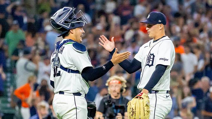 Detroit Tigers pitcher Ty Madden (36) celebrates the 14-0 shutout win over the Baltimore Orioles with catcher Eduardo Valencia (32). Credit: David Reginek-Imagn Images Detroit Tigers pitcher Ty Madden (36) celebrates the 14-0 shutout win over the Baltimore Orioles with catcher Eduardo Valencia (32). Credit: David Reginek-Imagn Images