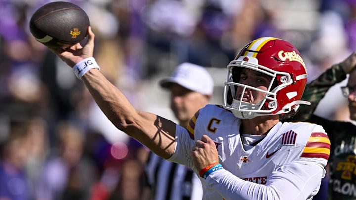Nov 8, 2025; Fort Worth, Texas, USA; Iowa State Cyclones quarterback Rocco Becht (3) warms up before the game against the TCU Horned Frogs at Amon G. Carter Stadium. 