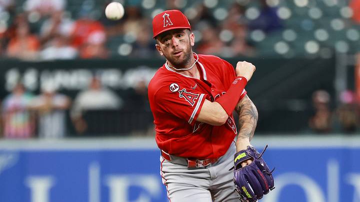 Aug 5, 2026; Baltimore, Maryland, USA; Los Angeles Angels shortstop Zach Neto (9) throws to first for an out during the fourth inning against the Baltimore Orioles at Oriole Park at Camden Yards. Mandatory Credit: Daniel Kucin Jr.-Imagn Images