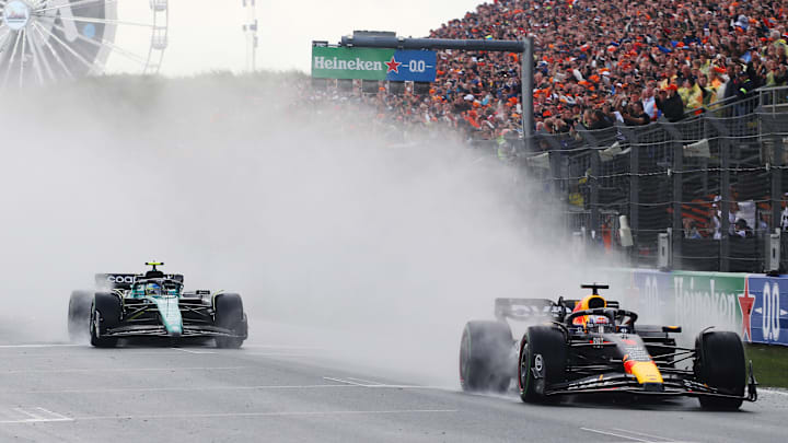 Max Verstappen, Red Bull Racing, leads Fernando Alonso, Aston Martin, at the 2023 Dutch Grand Prix
