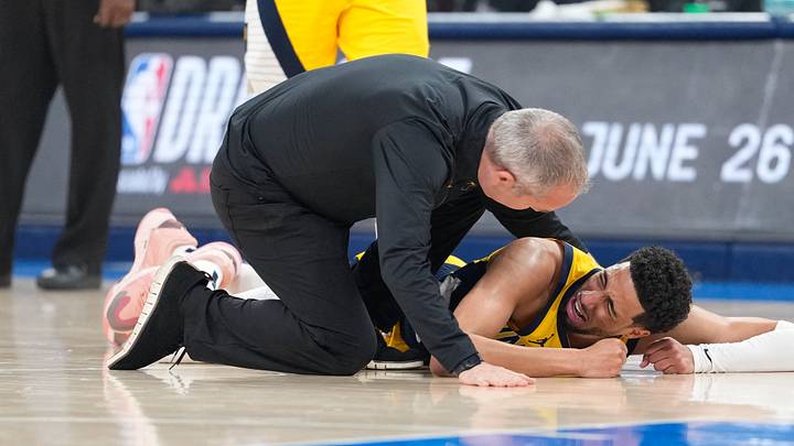 Jun 22, 2025; Oklahoma City, Oklahoma, USA; Indiana Pacers guard Tyrese Haliburton (0) reacts after suffering an injury during the first quarter against the Oklahoma City Thunder during game seven of the 2025 NBA Finals at Paycom Center. Mandatory Credit: Kyle Terada-Imagn Images