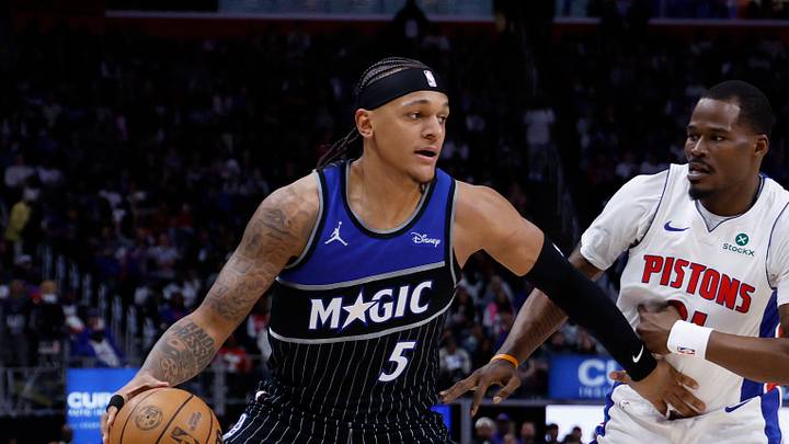 Apr 29, 2026; Detroit, Michigan, USA; Orlando Magic forward Paolo Banchero (5) dribbles defended by Detroit Pistons guard Javonte Green (31) in the first half during game five of the first round of the 2026 NBA Playoffs at Little Caesars Arena. Mandatory Credit: Rick Osentoski-Imagn Images Apr 29, 2026; Detroit, Michigan, USA; Orlando Magic forward Paolo Banchero (5) dribbles defended by Detroit Pistons guard Javonte Green (31) in the first half during game five of the first round of the 2026 NBA Playoffs at Little Caesars Arena. Mandatory Credit: Rick Osentoski-Imagn Images