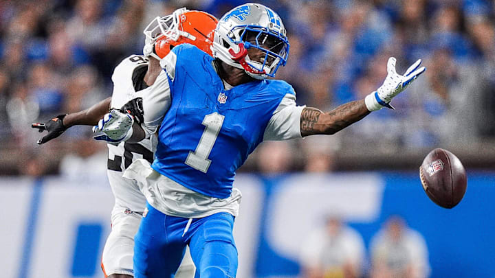 Detroit Lions wide receiver Jameson Williams (1) tries to catch a pass intended for him against Cleveland Browns cornerback Myles Harden (26) during the second half at Ford Field in Detroit on Sunday, Sept. 28, 2025.