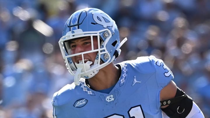 Sep 16, 2023; Chapel Hill, North Carolina, USA; North Carolina Tar Heels defensive back Will Hardy (31) reacts in the second quarter at Kenan Memorial Stadium. Mandatory Credit: Bob Donnan-Imagn Images Sep 16, 2023; Chapel Hill, North Carolina, USA; North Carolina Tar Heels defensive back Will Hardy (31) reacts in the second quarter at Kenan Memorial Stadium. Mandatory Credit: Bob Donnan-Imagn Images