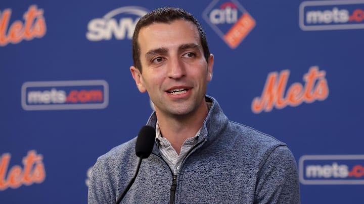 Jul 30, 2024; New York City, New York, USA; New York Mets president of baseball operations David Stearns speaks to the media about the MLB trade deadline before a game against the Minnesota Twins at Citi Field. 