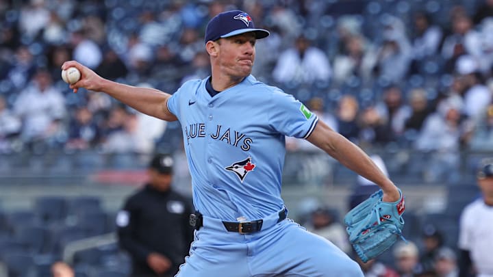 Apr 27, 2025; Bronx, New York, USA; Toronto Blue Jays starting pitcher Chris Bassitt (40) delivers a pitch during the second inning against the New York Yankees at Yankee Stadium. 