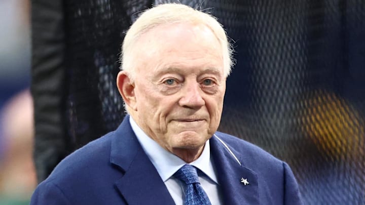 Sep 28, 2025; Arlington, Texas, USA; Dallas Cowboys owner Jerry Jones looks on before the game against the Green Bay Packers at AT&T Stadium. Mandatory Credit: Kevin Jairaj-Imagn Images