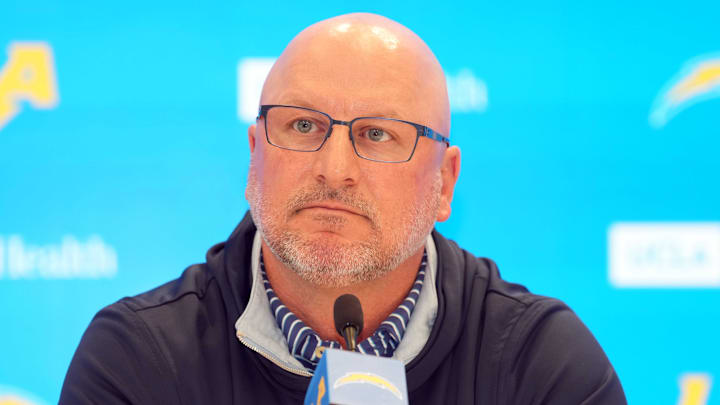 Jan 15, 2026; El Segundo, CA, USA; Los Angeles Chargers general manager Joe Hortiz at press conference at The Bolt. Mandatory Credit: Kirby Lee-Imagn Images Jan 15, 2026; El Segundo, CA, USA; Los Angeles Chargers general manager Joe Hortiz at press conference at The Bolt. Mandatory Credit: Kirby Lee-Imagn Images