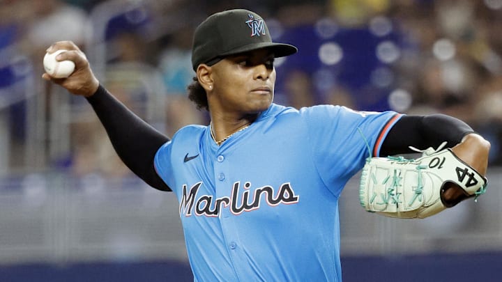 May 4, 2025; Miami, Florida, USA; Miami Marlins pitcher Edward Cabrera (27) pitches against the Oakland Athletics during the first inning at loanDepot Park. Mandatory Credit: Rhona Wise-Imagn Images May 4, 2025; Miami, Florida, USA; Miami Marlins pitcher Edward Cabrera (27) pitches against the Oakland Athletics during the first inning at loanDepot Park. Mandatory Credit: Rhona Wise-Imagn Images