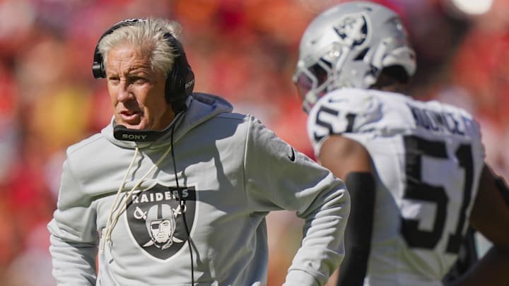 Oct 19, 2025; Kansas City, Missouri, USA; Las Vegas Raiders head coach Pete Carroll reacts during the second half against the Kansas City Chiefs at GEHA Field at Arrowhead Stadium. Mandatory Credit: Jay Biggerstaff-Imagn Images Oct 19, 2025; Kansas City, Missouri, USA; Las Vegas Raiders head coach Pete Carroll reacts during the second half against the Kansas City Chiefs at GEHA Field at Arrowhead Stadium. Mandatory Credit: Jay Biggerstaff-Imagn Images