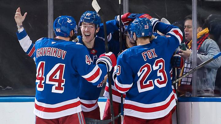 Apr 5, 2026; New York, New York, USA; New York Rangers left wing Adam Sykora (38) celebrates his goal during the second period against the Washington Capitals at Madison Square Garden.