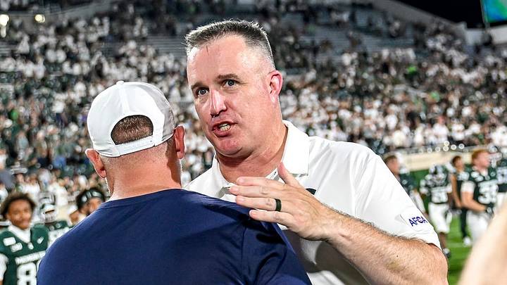 Michigan State’s head coach Pat Fitzgerald, right, shakes hands with Toledo head coach Mike Jacobs after the Spartans victory on Friday, Sept. 4, 2026, at Spartan Stadium in East Lansing. Michigan State’s head coach Pat Fitzgerald, right, shakes hands with Toledo head coach Mike Jacobs after the Spartans victory on Friday, Sept. 4, 2026, at Spartan Stadium in East Lansing.