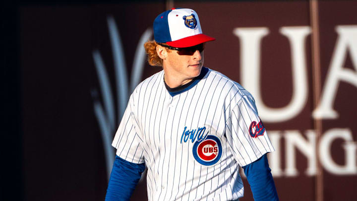 Iowa Cubs' Owen Caissie walks in the outfield during a game against the Toledo Mud Hens at Principal Park on Tuesday, April 2, 2024, in Des Moines.
