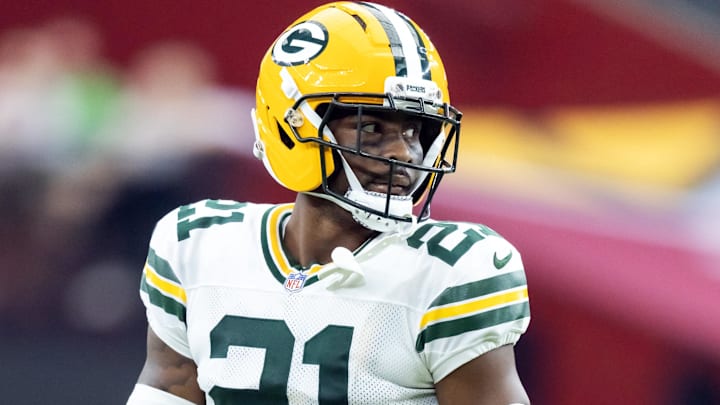 Oct 19, 2025; Glendale, Arizona, USA; Green Bay Packers cornerback Nate Hobbs (21) against the Arizona Cardinals at State Farm Stadium.