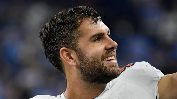 Sep 15, 2024; Detroit, Michigan, USA; Tampa Bay Buccaneers tight end Cade Otton (88) smiles after their game against the Detroit Lions at Ford Field. Mandatory Credit: Eamon Horwedel-Imagn Images