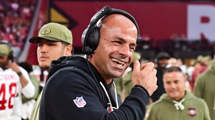Nov 16, 2025; Glendale, Arizona, USA; San Francisco 49ers defensive coordinator Robert Saleh reacts after defeating the Arizona Cardinals at State Farm Stadium. Mandatory Credit: Matt Kartozian-Imagn Images